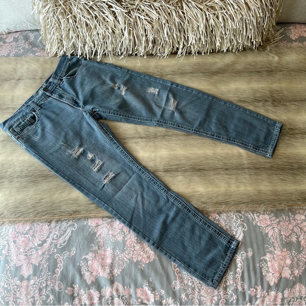 M. GORDON Jeans W34xL30 Distressed Holes Light Wash Stretch White Stitching